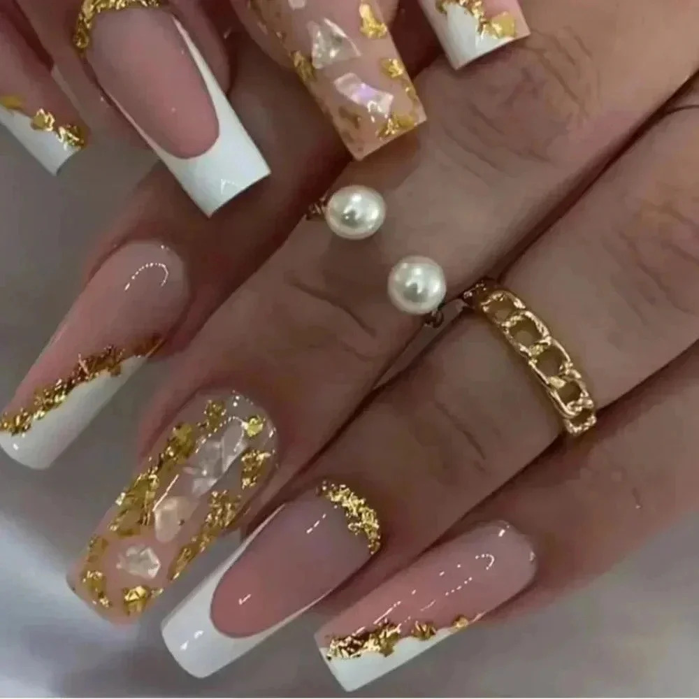 ✨Glossy White French Tip Press On Nails With Golden Foil Design